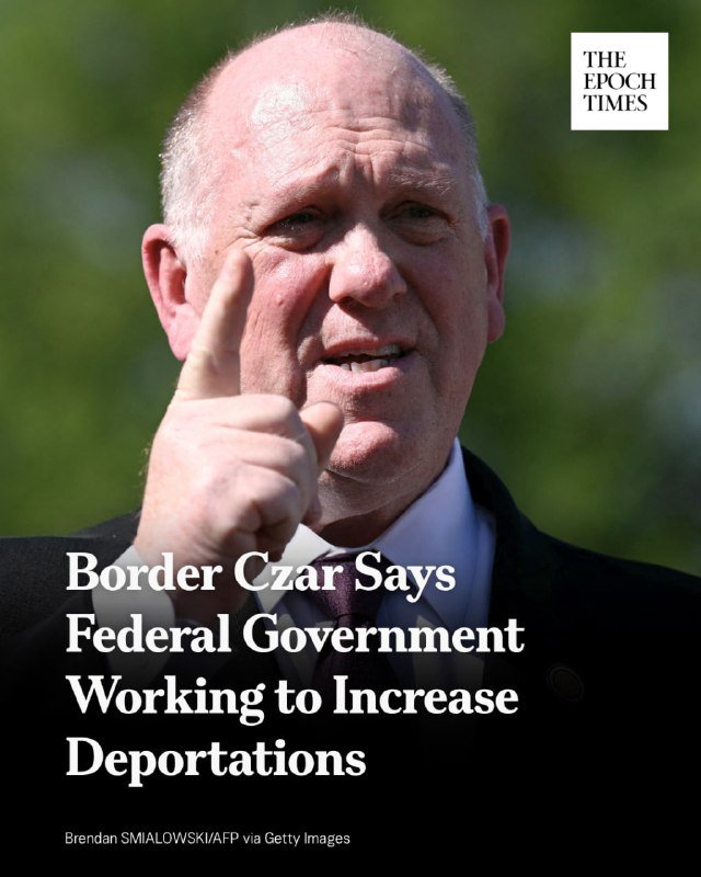 A bald man in a dark suit points his index finger upward while speaking outdoors, with text reading "Border Czar Says Federal Government Working to Increase Deportations."
