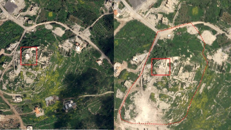 Two side-by-side aerial satellite images show a hilly, partially cleared landscape with buildings, roads, and green vegetation, both featuring red rectangular and dashed perimeter markings highlighting specific areas.