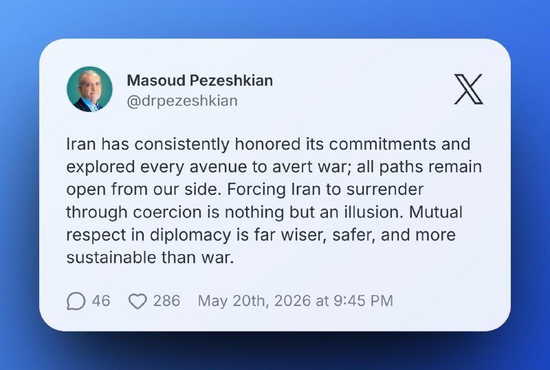 A graphic displays an X post from Masoud Pezeshkian (@drpezeshkian) dated May 20th, 2026, containing a written statement on diplomacy, garnering 46 replies and 286 likes.