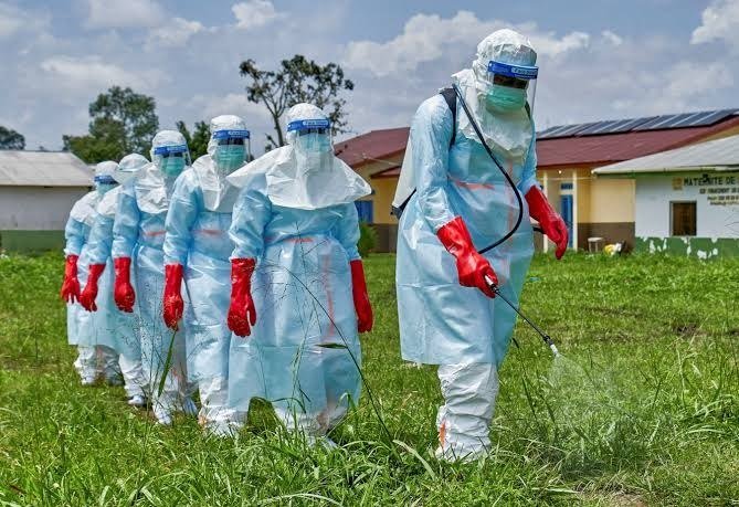 Health workers in white hazmat suits, face shields, and red gloves walk in a line through tall grass, with the lead worker carrying a backpack sprayer.