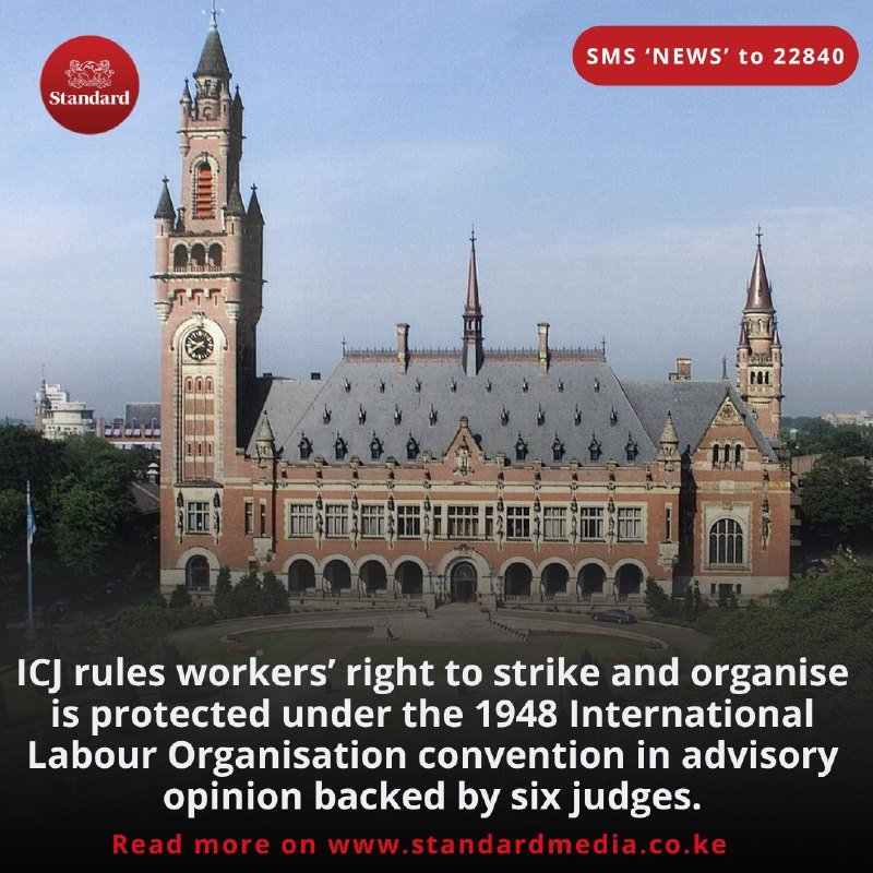A large Gothic-style brick building with a clock tower stands behind a news caption from Standard media about an ICJ ruling on workers' rights.