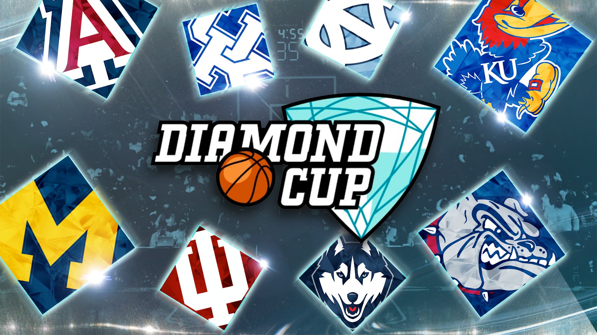 A graphic displays a central "Diamond Cup" logo with a basketball and diamond design, surrounded by eight diamond-shaped university and college athletic team logos against a dark blue background.