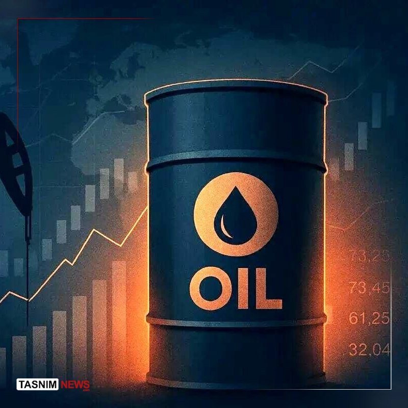 A digital illustration depicts a dark barrel labeled "OIL" with a droplet symbol, set against a backdrop featuring an oil derrick, a world map, and an upward-trending financial chart.