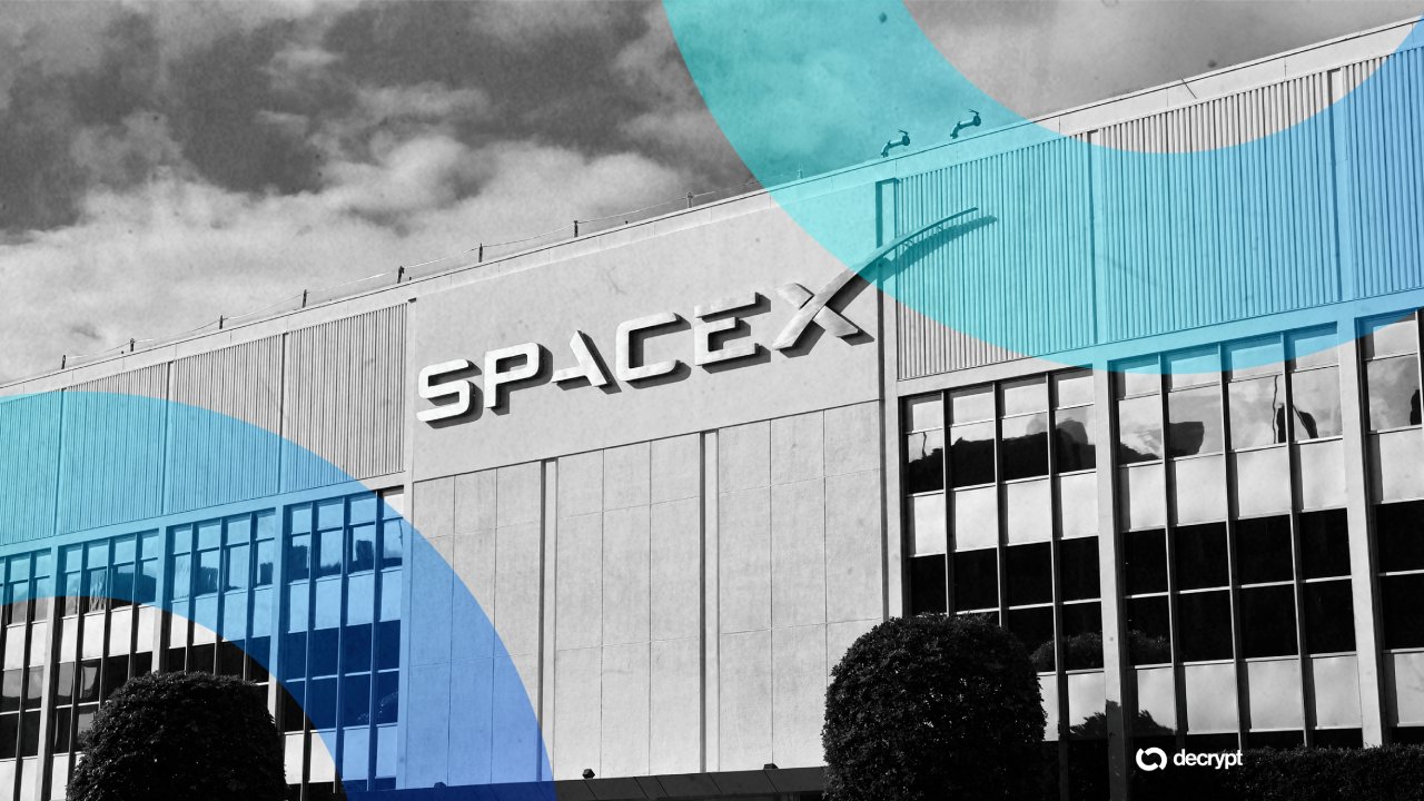 A black-and-white photograph of a large building displaying the "SPACEX" logo, overlaid with curved blue and teal graphic shapes and a "decrypt" watermark.