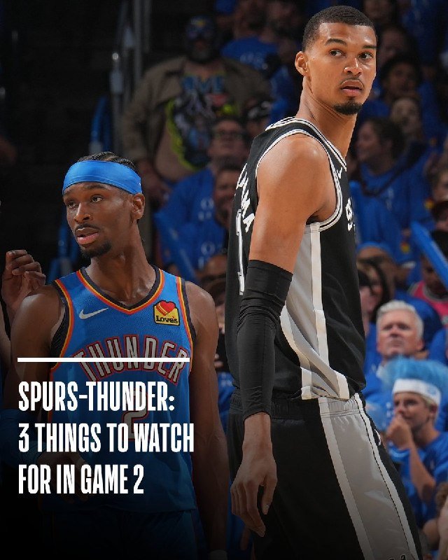 Two basketball players, one in a black jersey and another in a blue "Thunder" jersey with a headband, stand on a court with text reading "Spurs-Thunder: 3 things to watch for in Game 2."