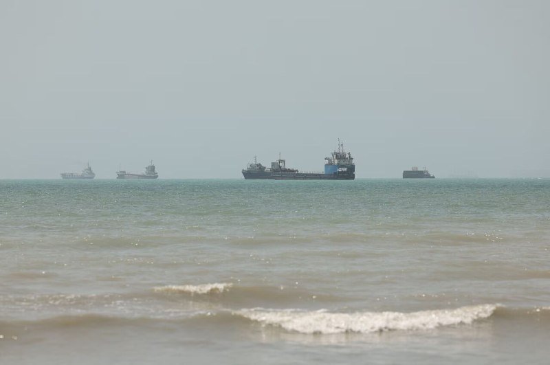 Several large ships sit anchored on the horizon beyond gentle waves rolling onto a sandy beach under a hazy sky.
