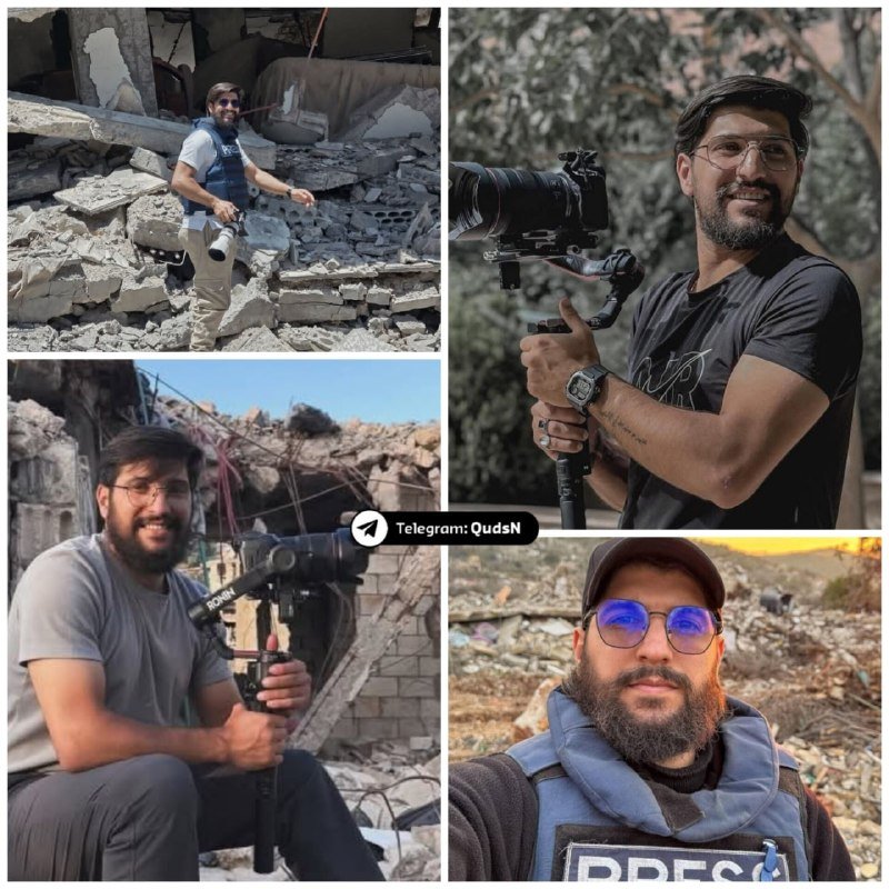 A four-panel photo collage shows a bearded man with glasses posing in various settings, including amid concrete rubble, while holding camera equipment and wearing a "PRESS" vest.
