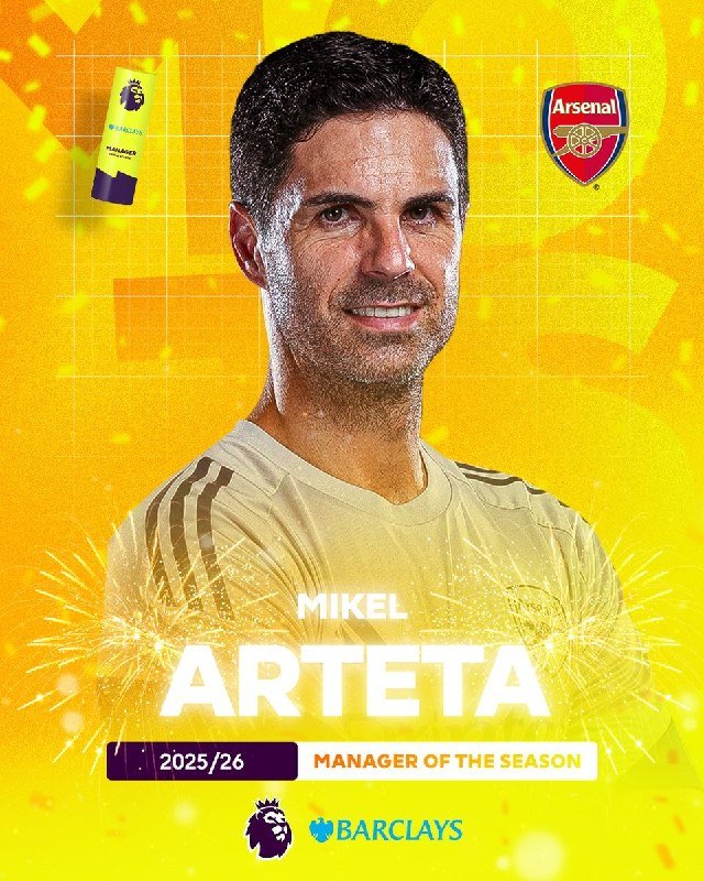 A graphic poster features a smiling man in a gold jersey against a yellow background, labeled "Mikel Arteta — 2025/26 Manager of the Season," with the Arsenal crest and Barclays logo visible.