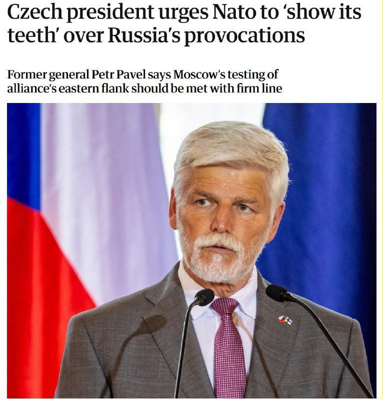A white-haired, bearded man in a grey suit and pink tie speaks at a podium with two microphones, with the Czech and EU flags behind him.