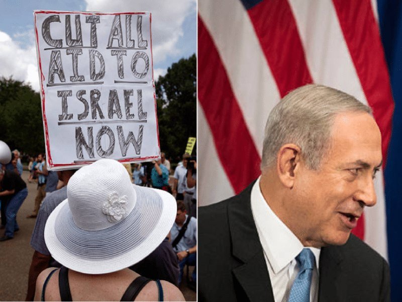 A split image showing a protester in a white hat holding a "CUT ALL AID TO ISRAEL NOW" sign on the left, and a gray-haired man in a suit beside an American flag on the right.