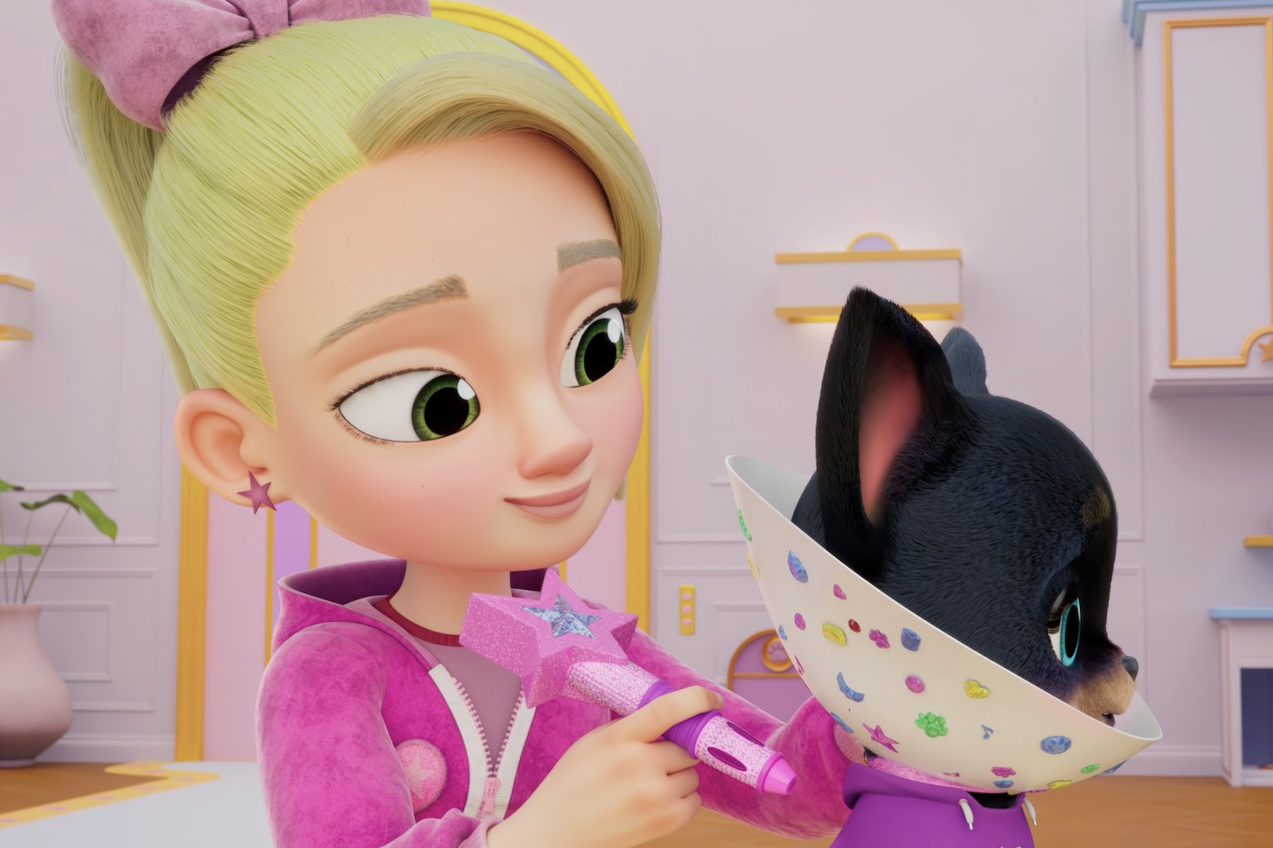 A 3D animated illustration shows a blonde girl in a pink jacket holding a star-shaped wand next to a black dog wearing a jeweled cone collar in a pink room.