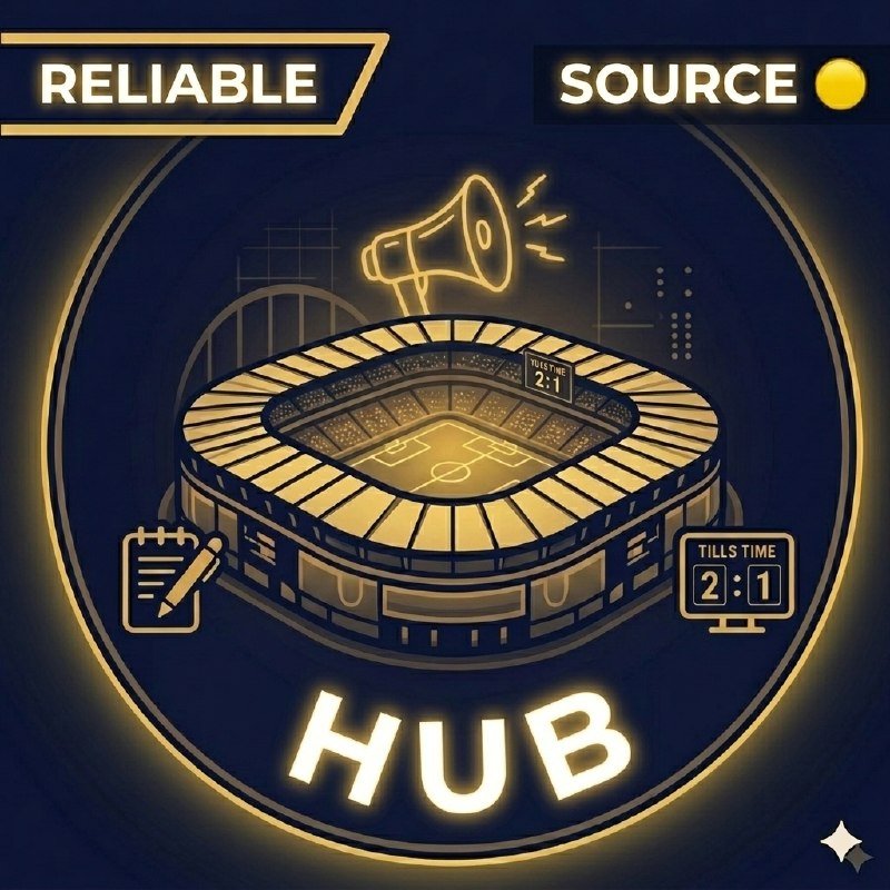 Digital graphic displays a glowing golden stadium illustration with a megaphone, notepad, and scoreboard, labeled "RELIABLE SOURCE" and "HUB."