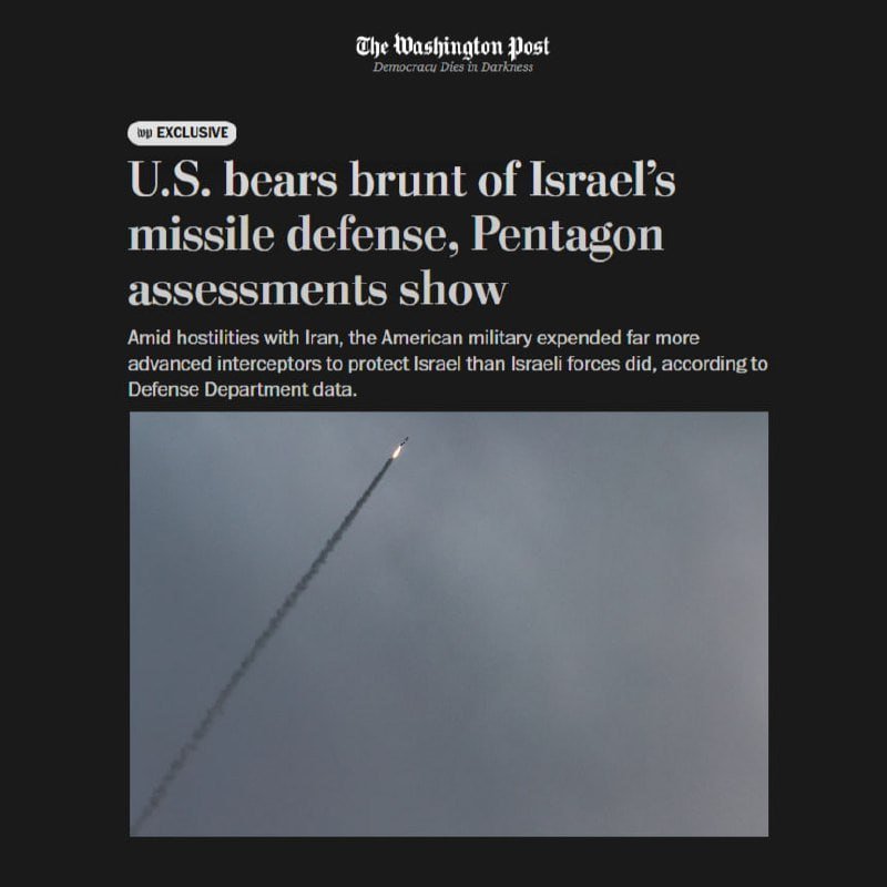 A Washington Post news graphic displays a headline about U.S. missile defense support for Israel alongside a photograph of a missile ascending through a gray sky with a visible contrail.