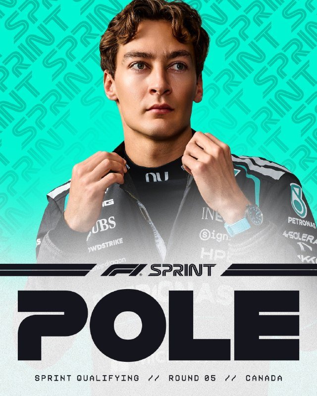 Graphic illustration of a dark-haired man adjusting a black racing suit against a teal background patterned with "SPRINT," with "POLE," "F1 SPRINT," and "SPRINT QUALIFYING // ROUND 05 // CANADA" text.