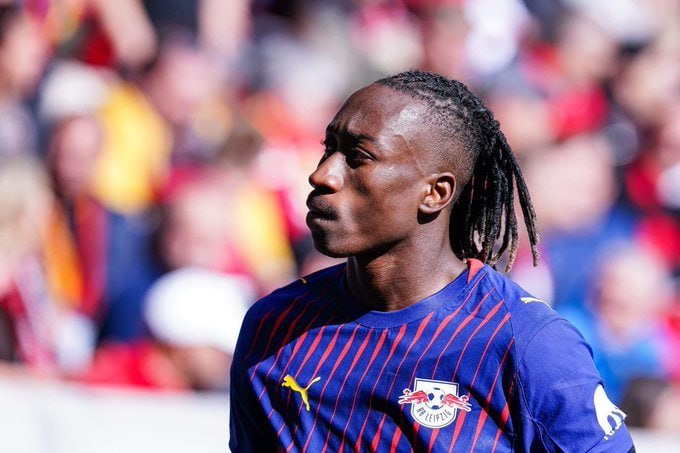 A soccer player with dreadlocks wearing a blue and red striped RB Leipzig jersey stands in profile against a blurred stadium crowd.