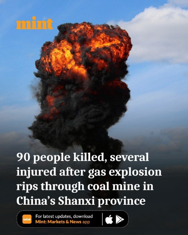 A large orange and black explosion cloud billows against a blue sky in a Mint news graphic with overlay text reporting 90 deaths from a coal mine gas explosion in Shanxi, China.