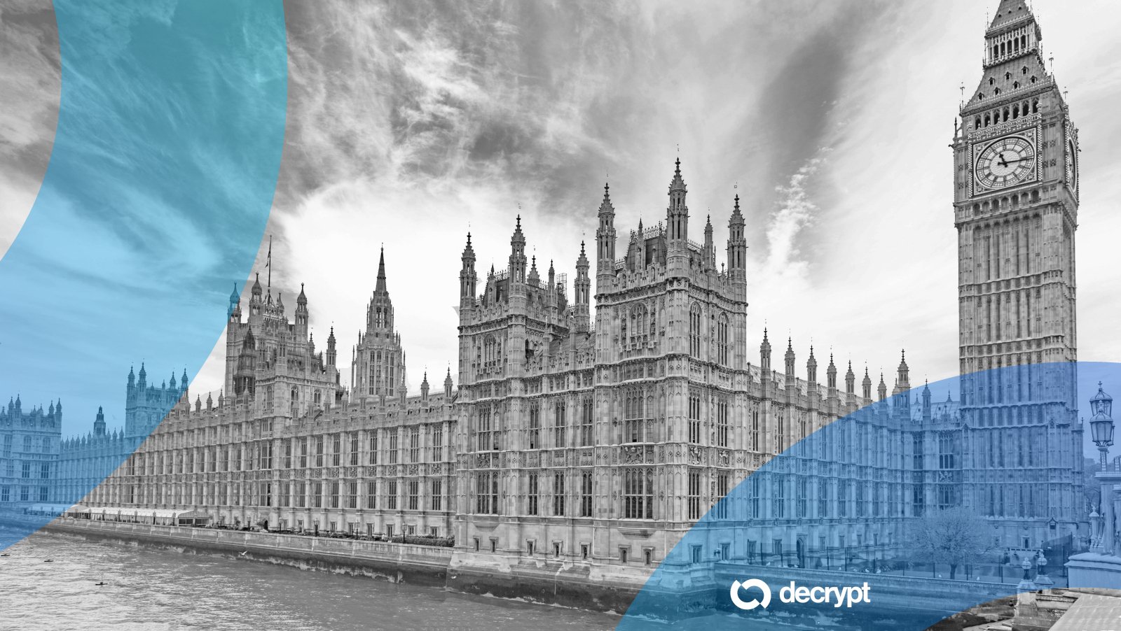 Black-and-white image of a Gothic-style parliament building beside a river, with a tall clock tower, overlaid with blue graphic shapes and a "decrypt" logo.