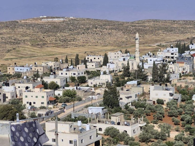 White and beige buildings cluster on a hillside, featuring a prominent green-domed mosque with a minaret, surrounded by olive trees and backed by arid, terraced mountains.