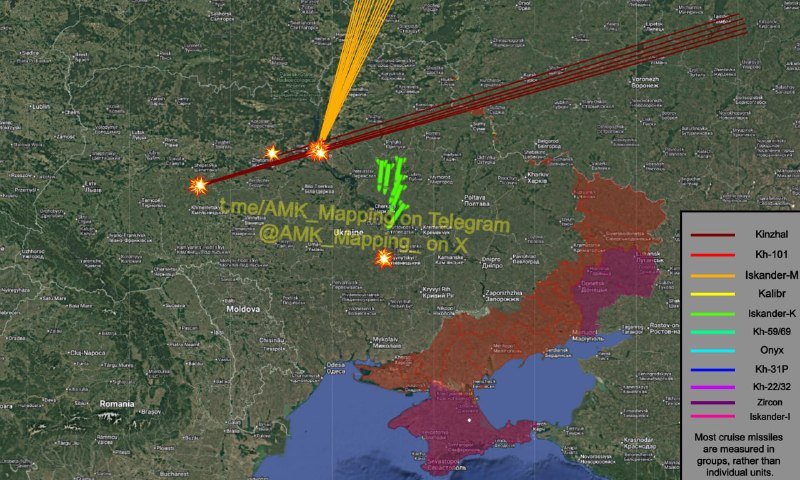 A map graphic displays colored trajectory lines converging on star-marked impact points across Ukraine, with a legend identifying missile types like Kinzhal, Kh-101, and Iskander.