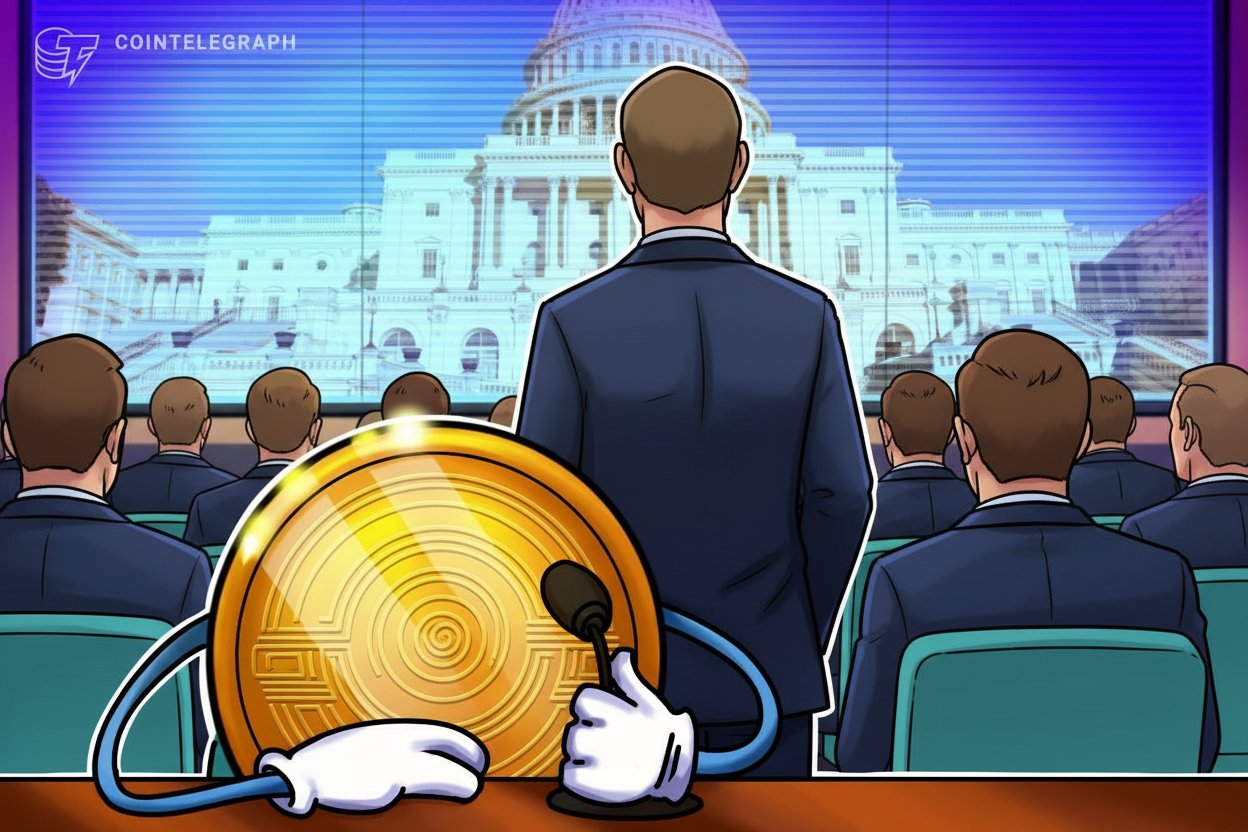 Illustration showing a gold coin with gloved hands holding a microphone, addressing a seated audience facing the U.S. Capitol building, with a Cointelegraph logo in the corner.