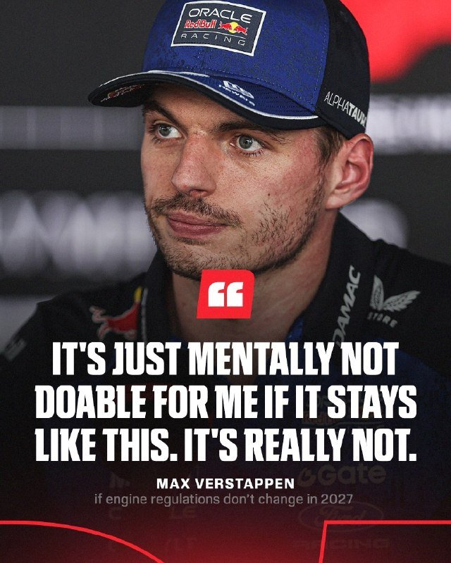 Graphic illustration showing a man in an Oracle Red Bull Racing cap and team jacket with a quote about 2027 engine regulations, attributed to Max Verstappen.
