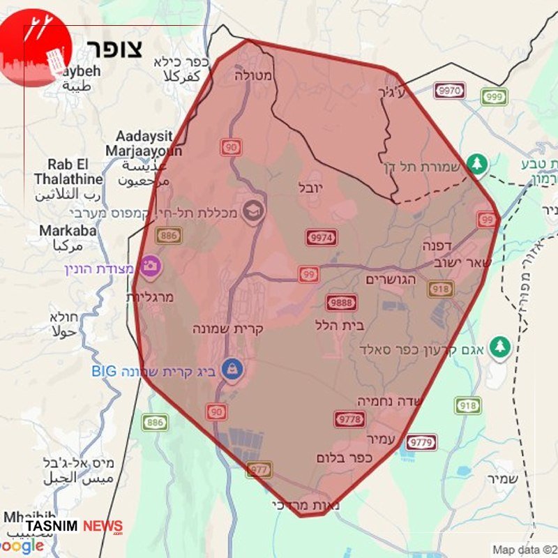 A map graphic with Hebrew and Arabic labels shows a red-shaded irregularly shaped area outlined in dark red, overlaid on a Google Maps base with road numbers and place names.