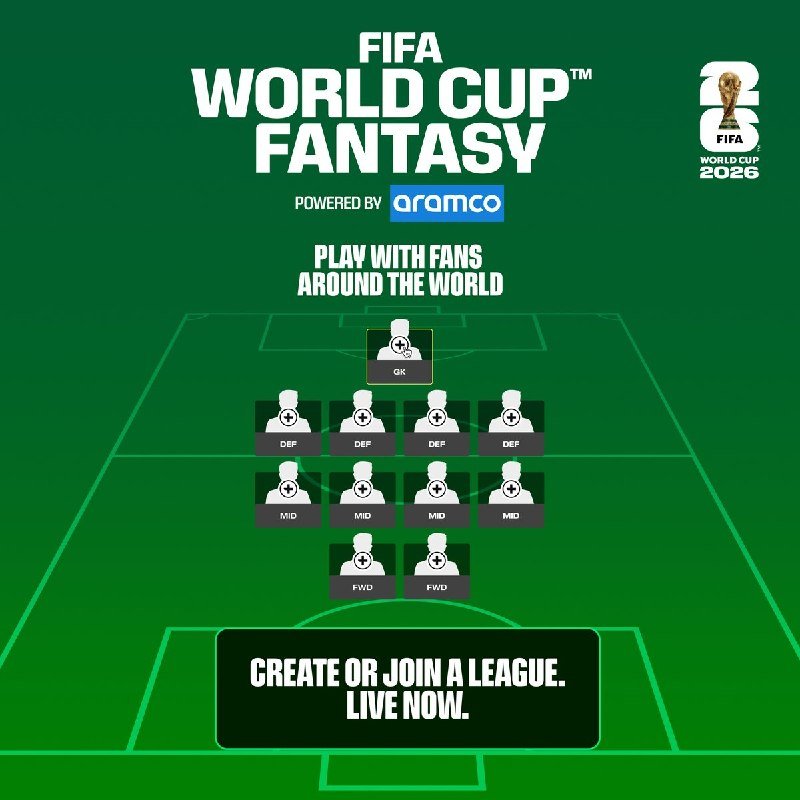 Promotional graphic for "FIFA World Cup Fantasy" powered by Aramco, featuring a soccer field layout with GK, DEF, MID, and FWD player slots and a "Create or Join a League" button.