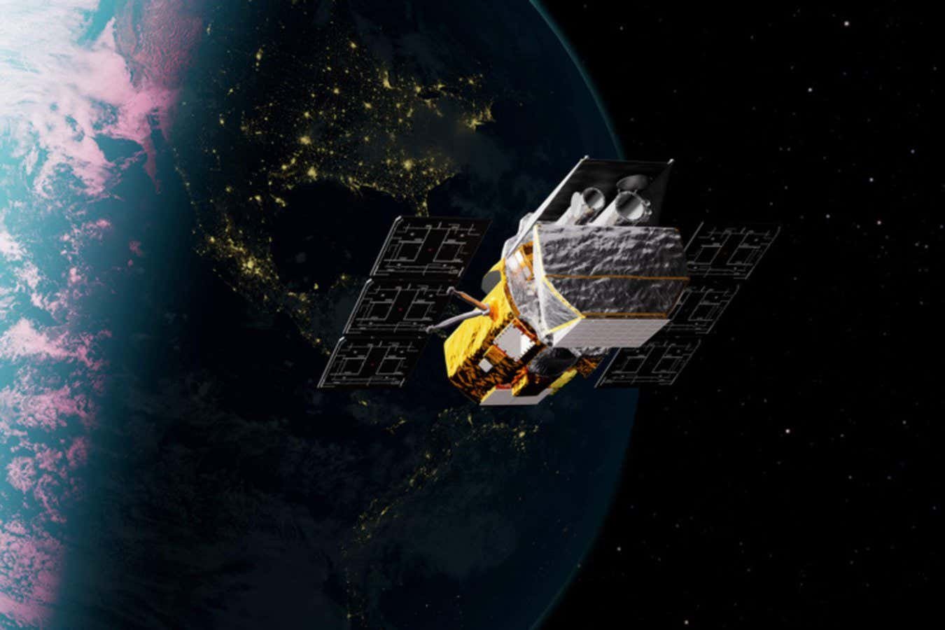 A digital illustration depicts a gold-and-silver satellite with extended solar panels orbiting above Earth, which shows glowing city lights against a dark, starry background.
