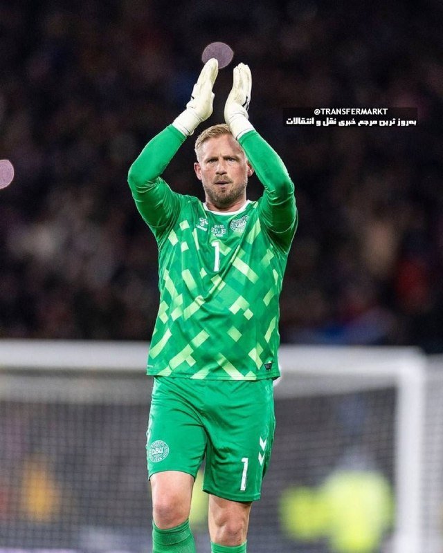 A bearded soccer goalkeeper in a green and white patterned kit with the number 1 applauds the crowd with raised gloved hands.