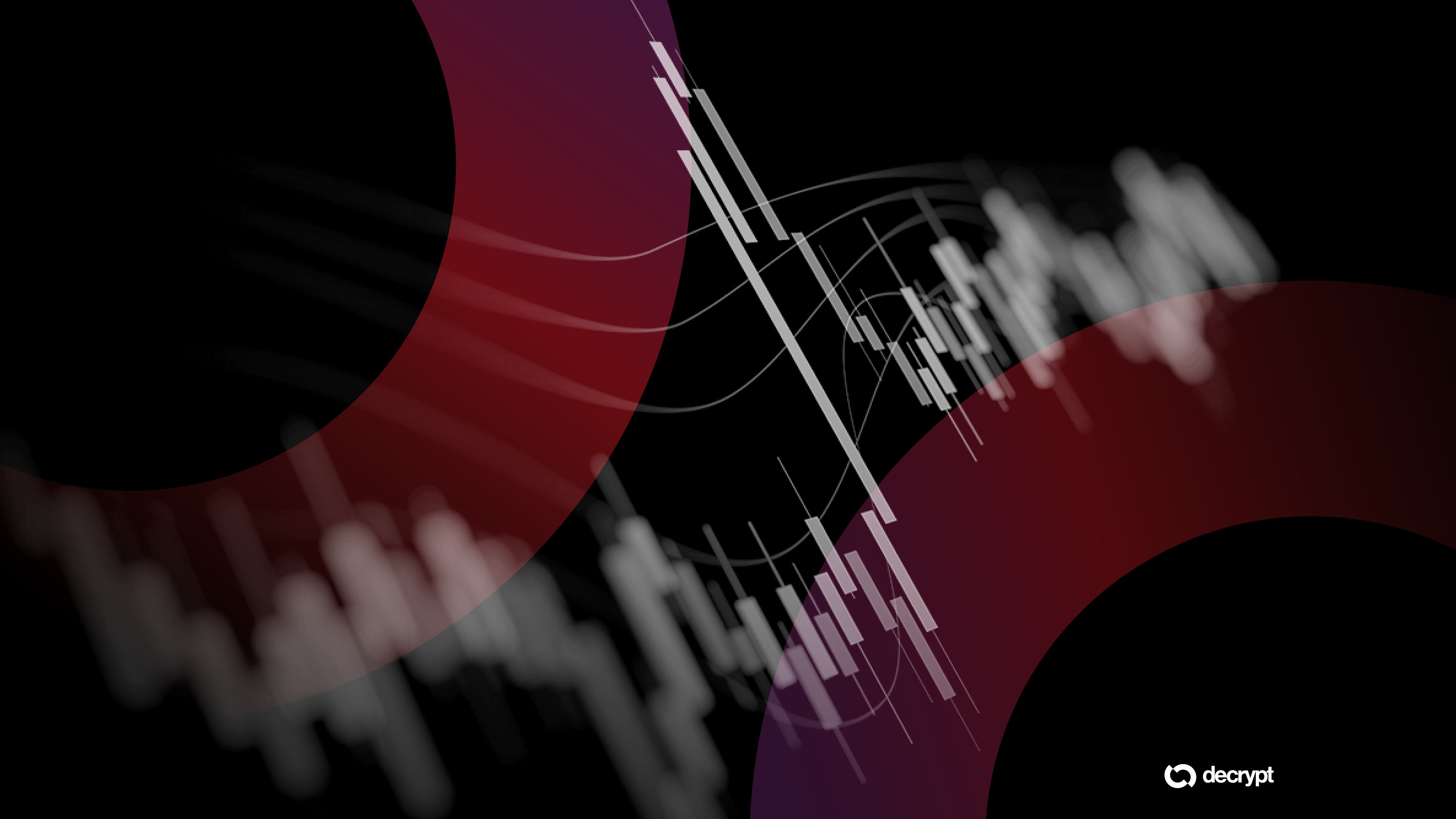 A digital graphic features white and gray candlestick chart patterns overlaid with curved red and maroon swooshes against a black background, with the "decrypt" logo in the bottom right corner.