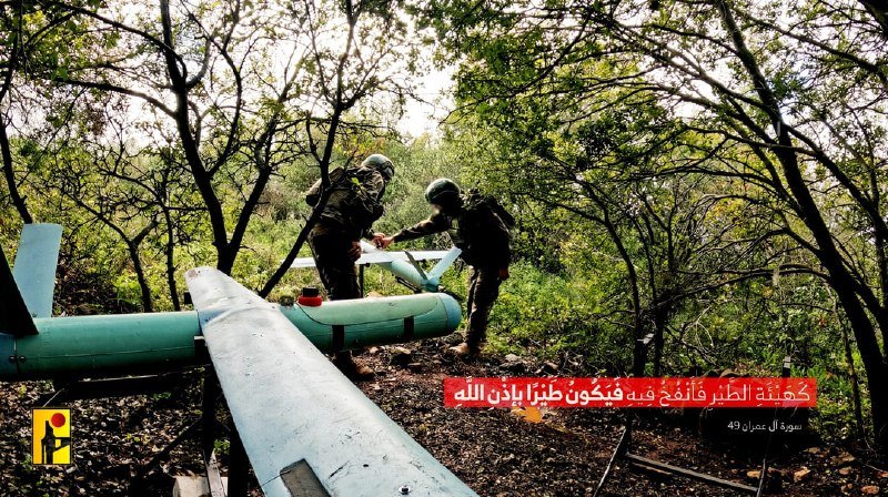 Two helmeted fighters examine a damaged light aircraft fuselage in a wooded area, with Arabic text overlaid on the image.