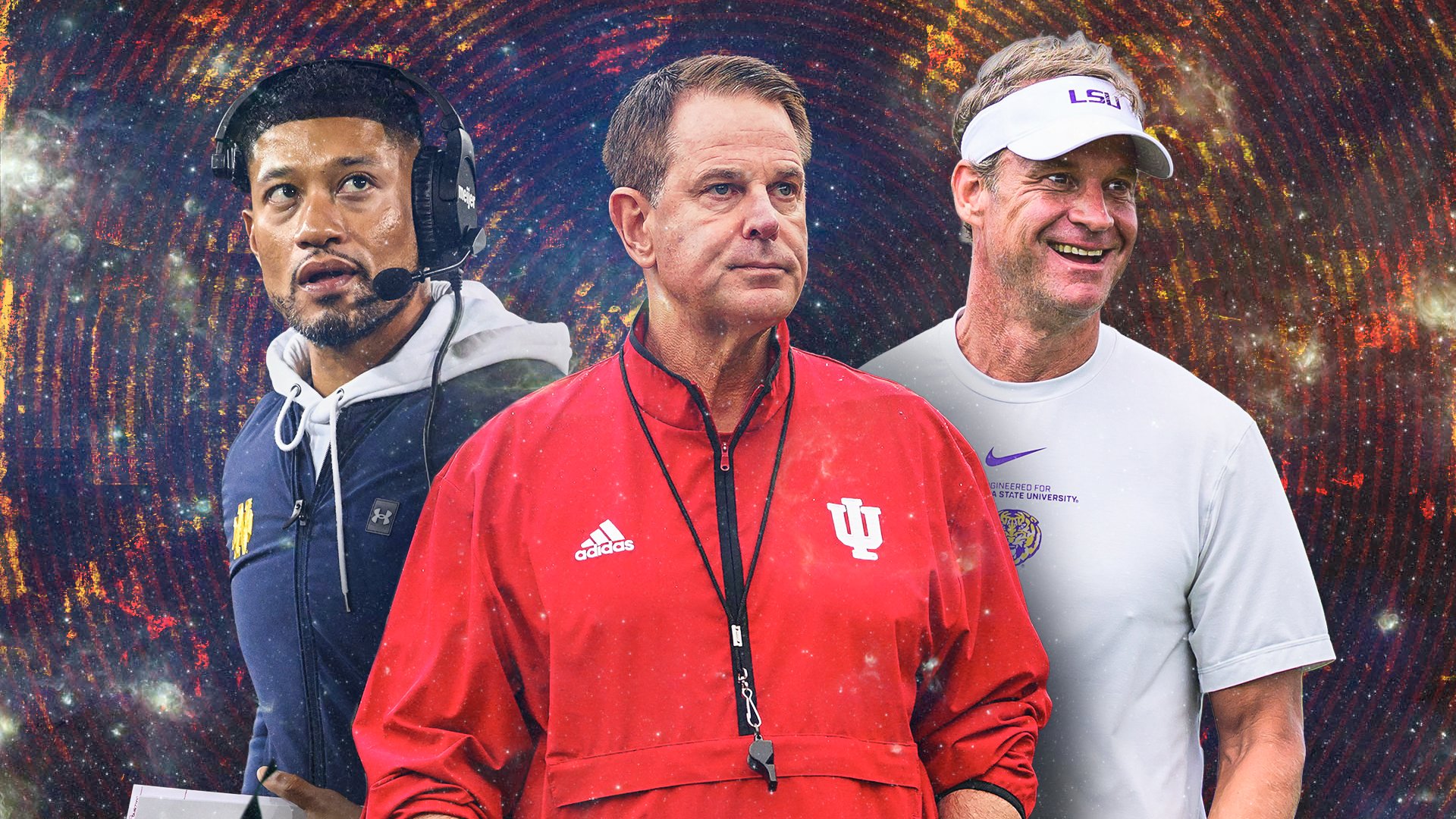 Three football coaches wearing team-branded apparel stand side by side against a swirling cosmic background graphic.