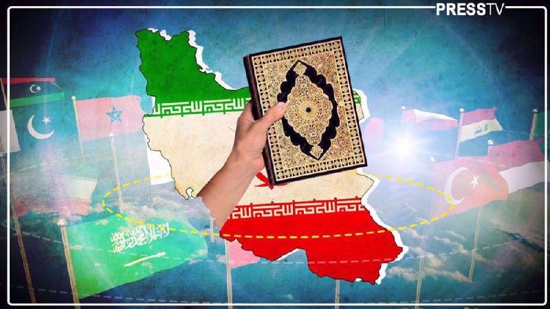 A hand holds an ornate gold and black book over an illustrated map of Iran, surrounded by various national flags and a "PRESS TV" logo.