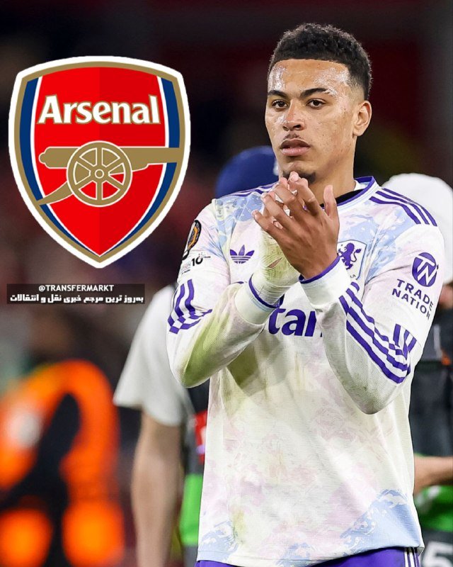 A football player in a white and purple patterned kit claps his hands, with the Arsenal club crest overlaid on the image's left side.