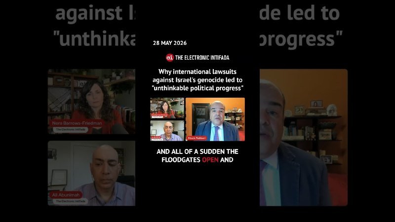 A social media video titled "Why international lawsuits against Israel's genocide led to 'unthinkable political progress'" by The Electronic Intifada, dated 28 May 2026, features three labeled speakers in a multi-panel video call format.