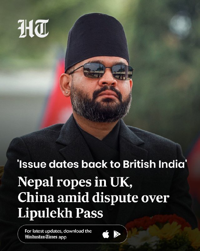 A bearded man wearing a black cap, sunglasses, and dark suit appears in a news graphic with the "HT" logo and a headline about Nepal, the UK, China, and Lipulekh Pass.