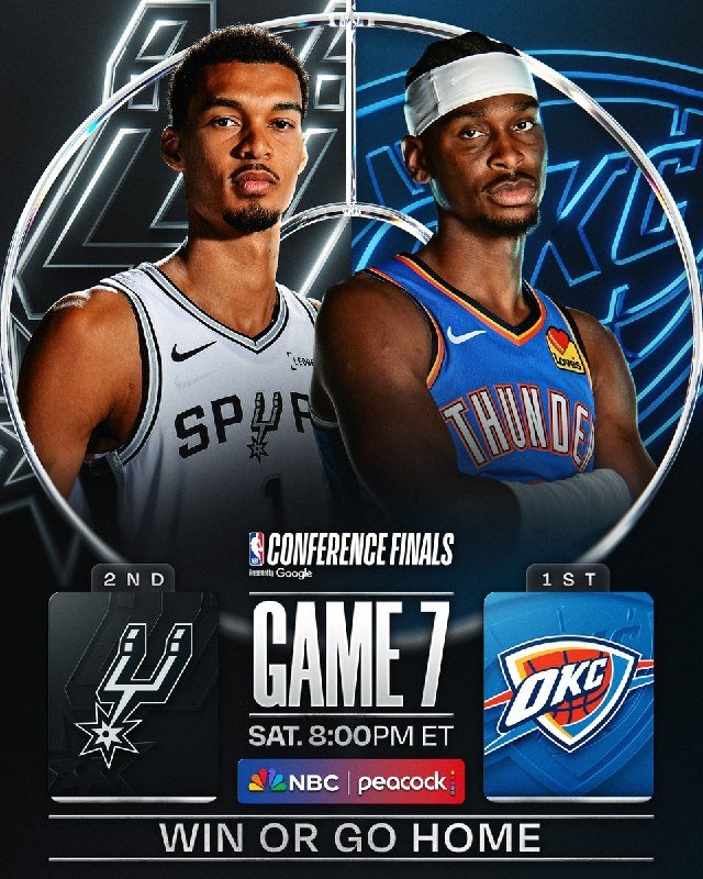 Graphic promo image showing two basketball players in Spurs and Thunder jerseys above "Conference Finals Game 7" text, with broadcast logos and "Win or Go Home" tagline.