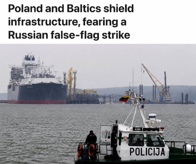 A small white patrol boat marked "POLICIJA" with a German flag approaches the camera, while a large LNG tanker and industrial port cranes sit across gray harbor waters under a headline.