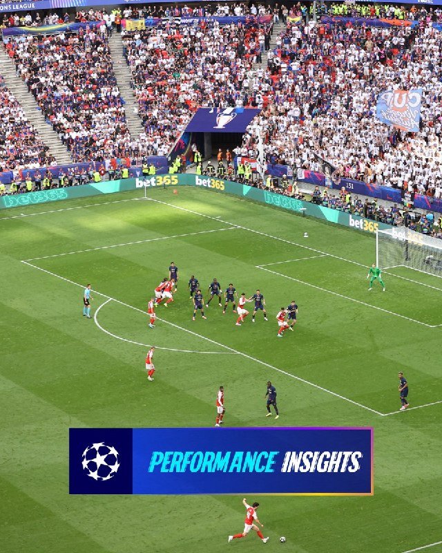 Soccer players in red/white and dark blue uniforms compete in a UEFA Champions League match, with a "Performance Insights" graphic overlaid on the bottom of the stadium scene.