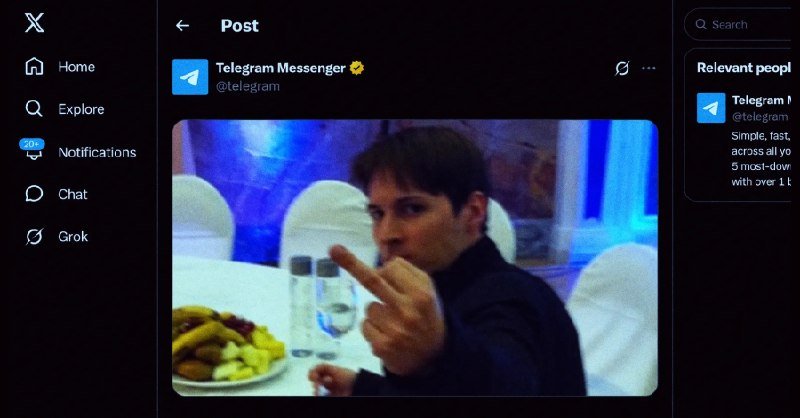 A screenshot of the X social media platform displays a post from the Telegram Messenger account featuring a video still of a man making a peace sign at a dining table.