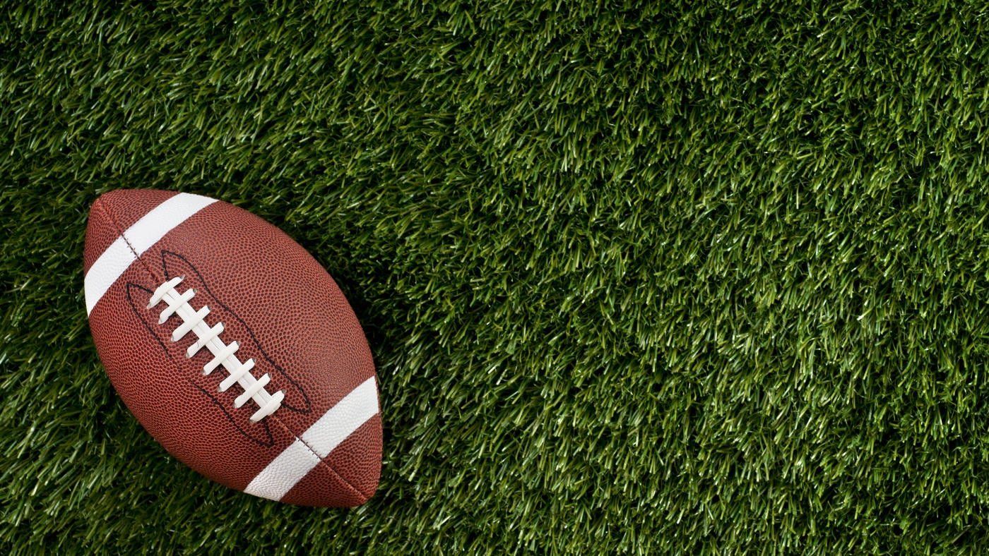 A brown American football with white laces and stripes rests on a field of green grass.