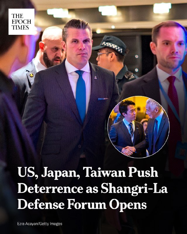 A man in a dark suit and blue tie walks through a crowd, with an inset circular image showing two men shaking hands, beneath text reading "US, Japan, Taiwan Push Deterrence as Shangri-La Defense Forum Opens."