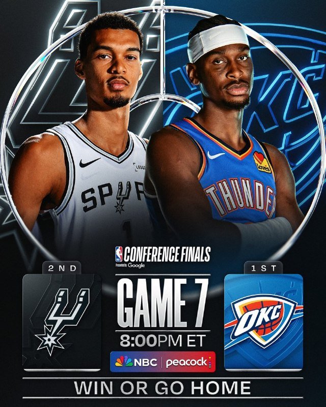 A promotional graphic shows two basketball players in Spurs and Thunder jerseys above text announcing "NBA Conference Finals Game 7" at 8:00 PM ET on NBC and Peacock.