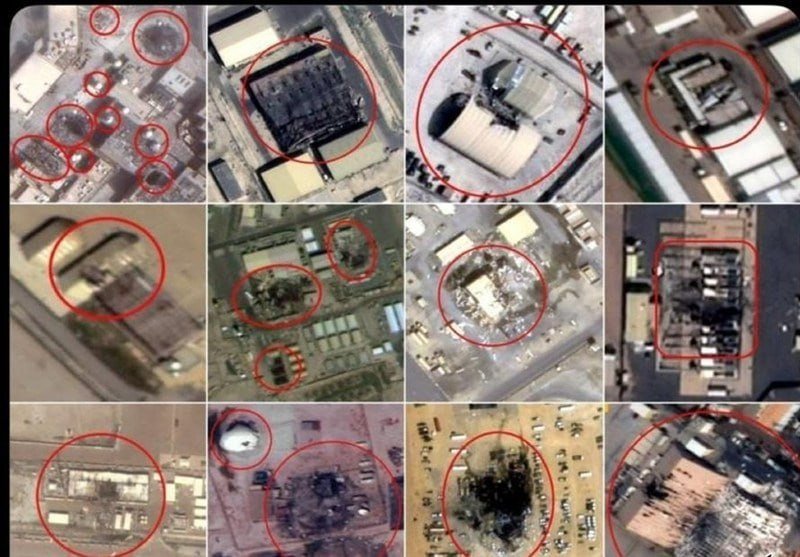 A grid of twelve aerial/satellite photographs showing buildings and structures with red circles highlighting damage or points of interest.