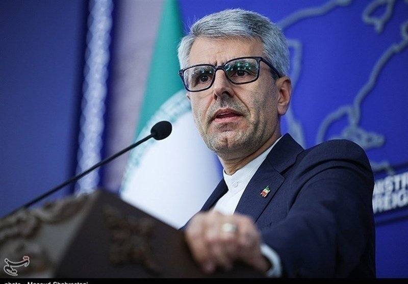 A gray-haired man wearing glasses, a dark suit, and an Iranian flag lapel pin speaks at a podium in front of a microphone and a partially visible Iranian flag.