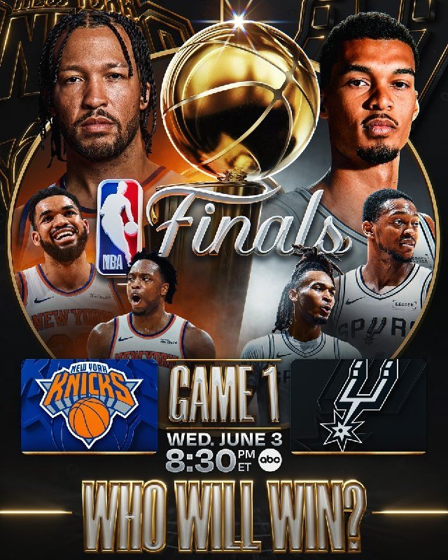Promotional graphic showing five basketball players in jerseys, the NBA Finals trophy, Knicks and Spurs team logos, and "Game 1, Wed. June 3, 8:30 PM ET" on ABC.