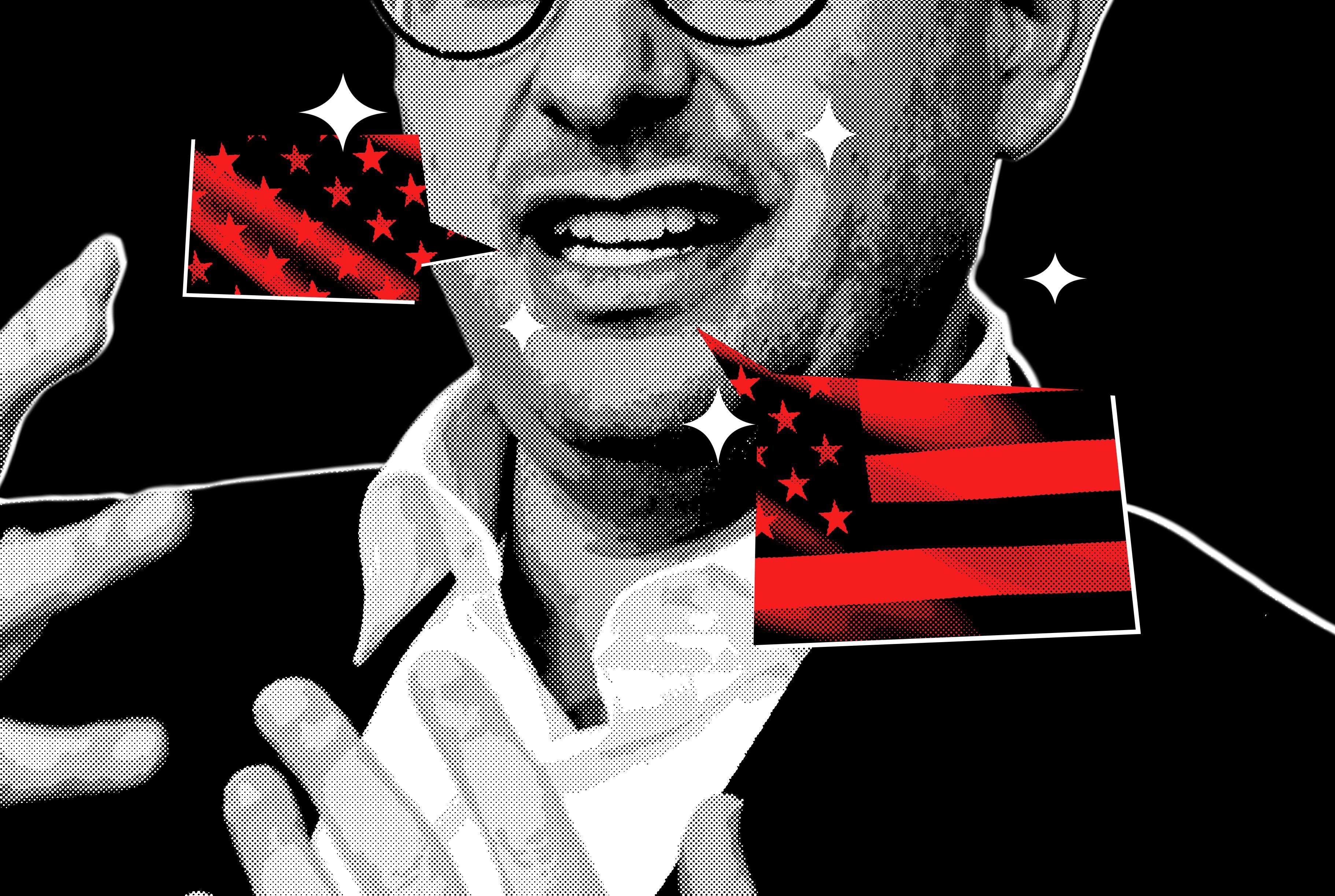 Illustration showing the lower half of a person's face with glasses, exhaling two American flags from their mouth amid black smoke and sparkles.