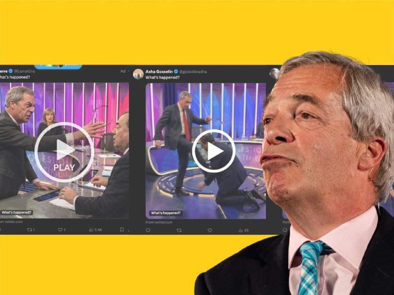 A grey-haired man in a suit and blue tie looks sideways against a yellow background, with screenshots of a Twitter video showing him gesturing and standing over another person at a panel desk.