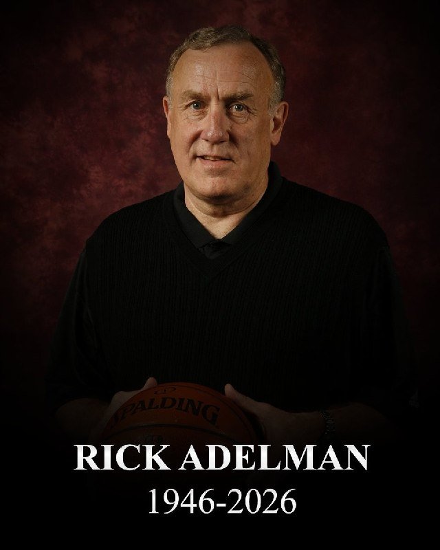 A man in a black sweater holds a Spalding basketball against a dark red background, with text reading "RICK ADELMAN 1946-2026."
