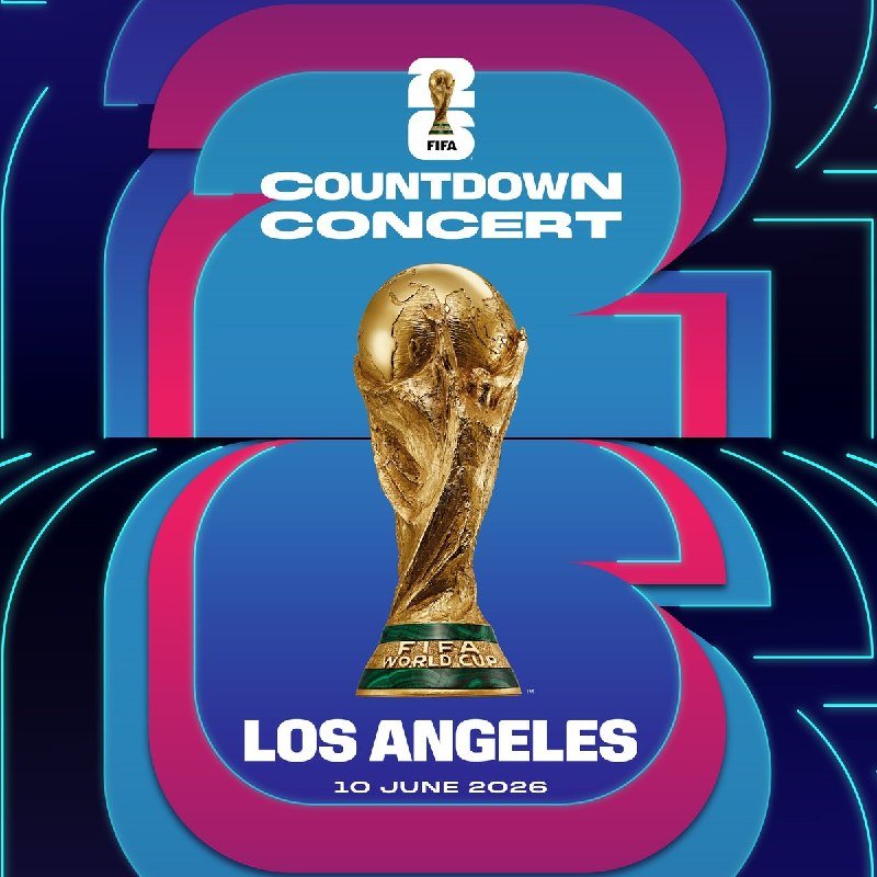Promotional graphic displaying the FIFA World Cup trophy, the text "FIFA COUNTDOWN CONCERT," and "LOS ANGELES, 10 JUNE 2026" against a blue and pink background.